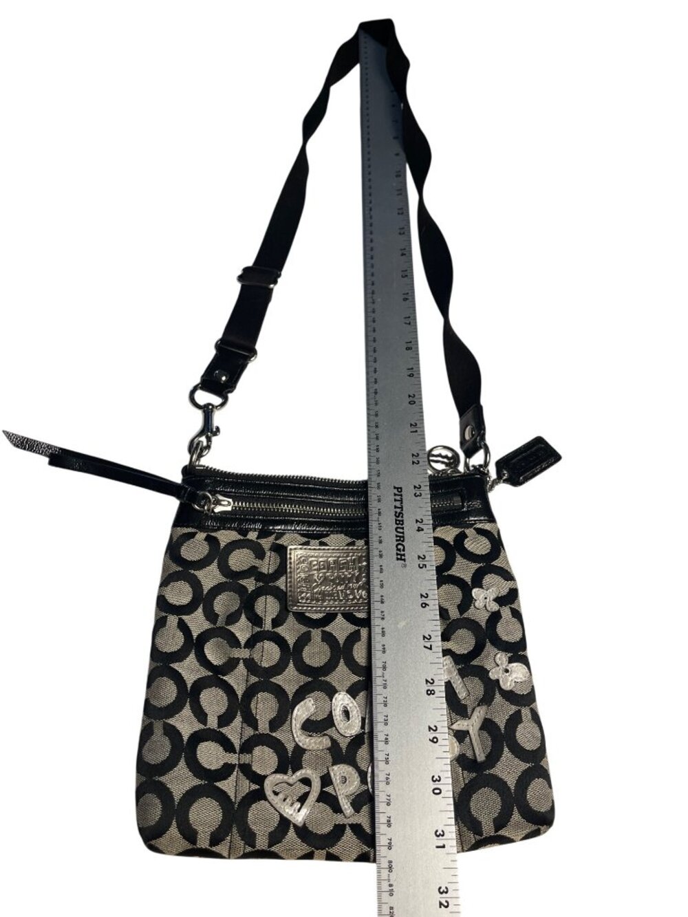 Coach Poppy Black & Gray Signature Jacquard Crossbody Bag Silver Appliqué Accent - Picture 12 of 16